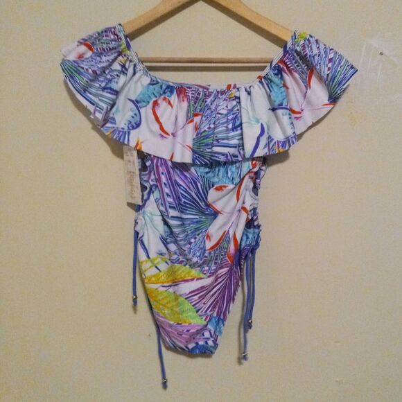 TiniBikini Small Tropical Palm One Piece Swimsuit-Ruffle Neck-Lace Up Sides-NEW - Picture 6 of 10